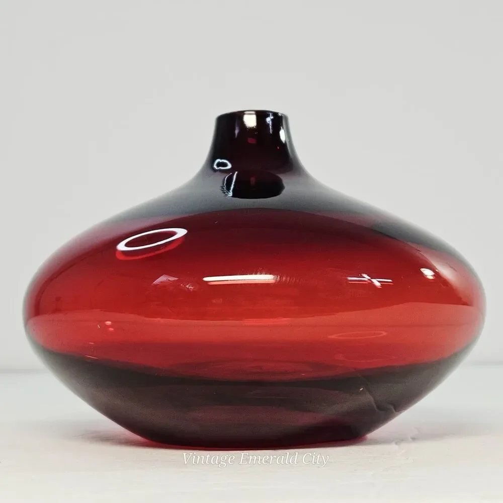 Vtg Ruby Cranberry Red Salong Hand Blown Glass Bud Vase Rounded Accent Piece